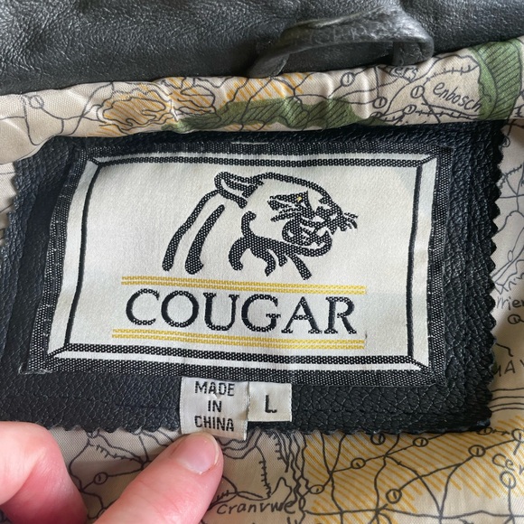Cougar Leather Jacket Vintage Zip Up & Snap 4 Outside Pockets Lined Black Large - Picture 9 of 13
